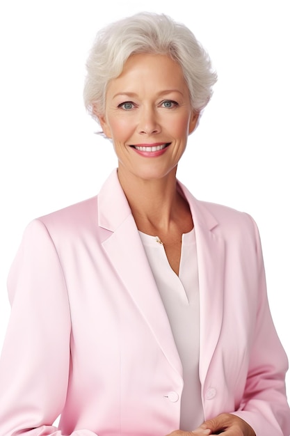 Studio portrait of a smiling blonde businesswoman looking at the camera wearing a pink outfit White background