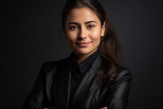 Studio portrait of smiling young businesswoman with folded arms against plain background