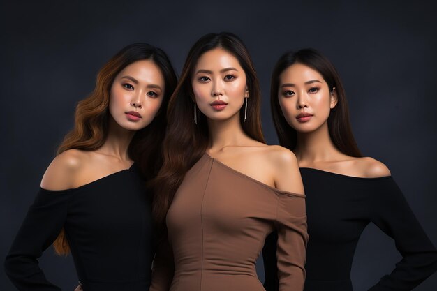 Studio portrait of three few beautiful young woman standing together in hug on different colour back