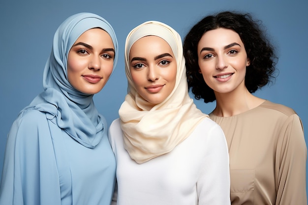 Studio portrait of three few beautiful young woman standing together in hug on different colour back