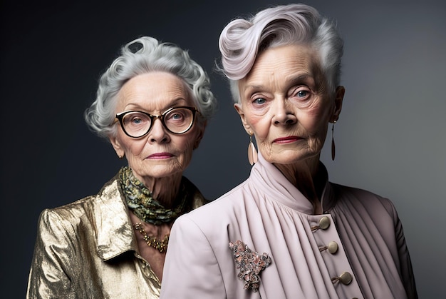 Studio portrait of two elderly sister ladies with makeup and serious faces fictional characters Ai generated