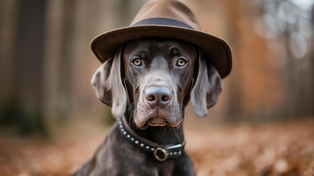 Photo a studio portrait of a vizsla dog wearing a brown hat the dog is looking at the camera with a serious expression