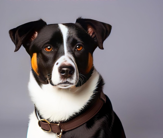 Studio portrait of white and black medium mixed breed dog smiling against a green background