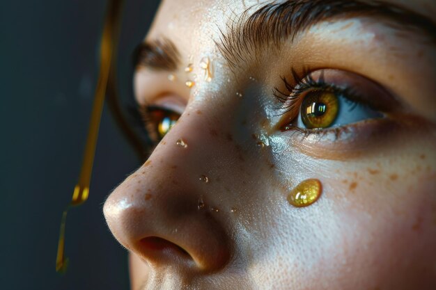Foto ritratto in studio di una donna che getta olio cosmetico sul viso
