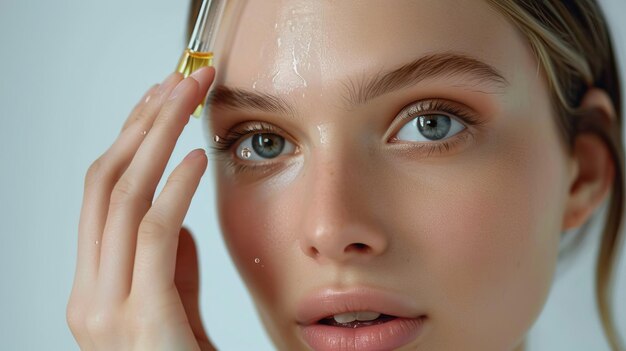 Studio portrait of woman dropping cosmetic oil on face