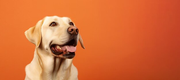 Studio portrait of yellow Labrador dog on orange backdrop with copy space