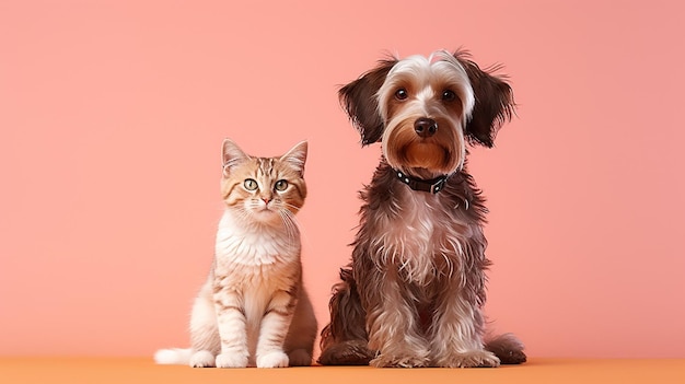 コピースペースを備えたヨーク犬と子猫のスタジオポートレート