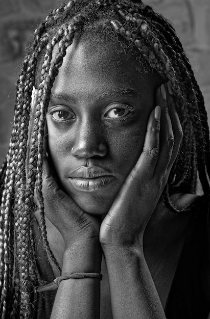 Studio portrait of a young black woman with braids