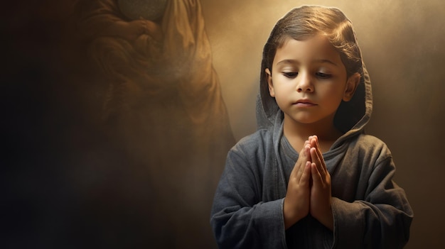 Studio portrait of a young child praying banner AI generated