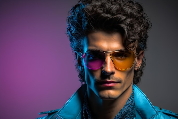 Студийный портрет молодого человека в одежде 80-х и солнцезащитных очках Generative ai