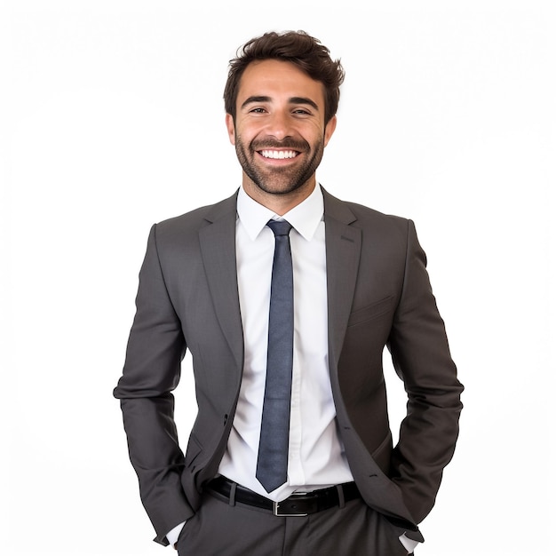 Studio portret beeld van glimlachende jonge zakenman in zwart pak en blauwe stropdas stropdas met gekruiste armen geïsoleerd geïsoleerd op witte achtergrond zakenman in studio foto