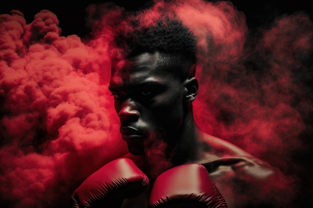 Studio portret van Afro-Amerikaanse bokser met achtergrond rook rode handschoenen en rood licht zwarte achtergrond