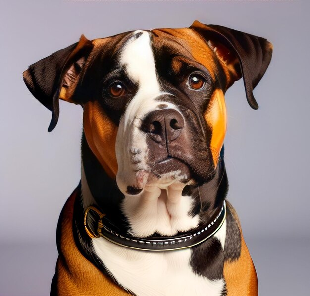 Studio portret van bruine witte en zwarte middelgrote gemengde ras hond glimlachend tegen een groene achtergrond