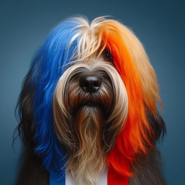 Studio portret van een baarde Collie hond met kleurrijk haar