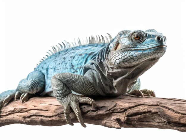 Studio portret van een blauwe leguaan op een boomtak geïsoleerd op witte achtergrond ai generatief