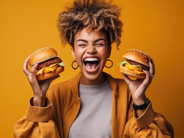 Studio portret van een coole gelukkige vrouw die een heerlijk paar hamburgers aan de camera toont met haar armen uitgestrekt op een gele achtergrond