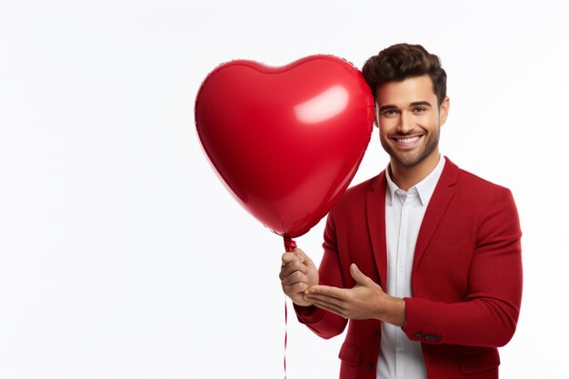 Studio portret van een knappe jonge man met een rode hartvormige ballon vrolijke blanke man die glimlacht