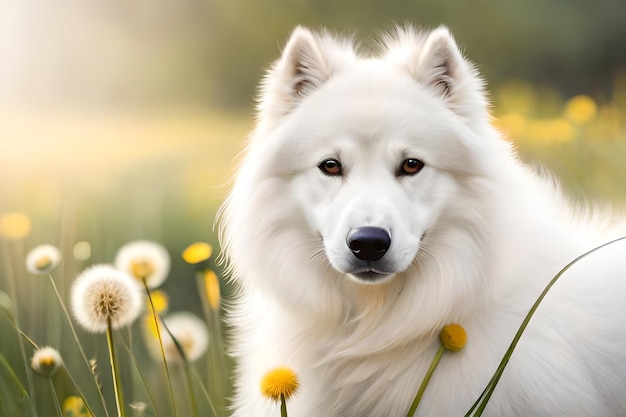 studio portret van een witte pluizige Samoyed hond