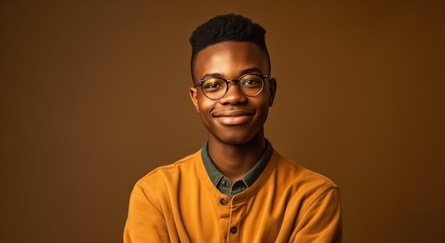 Studio portret van gelukkige mannelijke hogeschool of universiteit student knappe jonge zwarte man in glazen staand met zijn armen gevouwen geïsoleerd op kleur achtergrond glimlachend en camera kijken