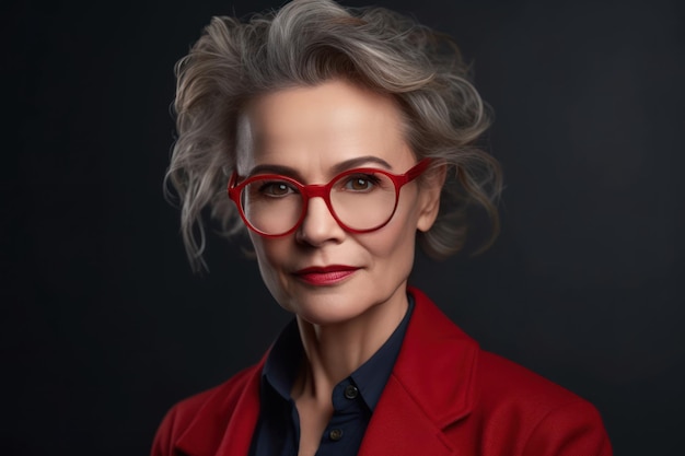 Studio portret van zelfverzekerde volwassen zakenvrouw met stijlvolle rode bril geïsoleerd op achtergrond succesvol bedrijfsconcept
