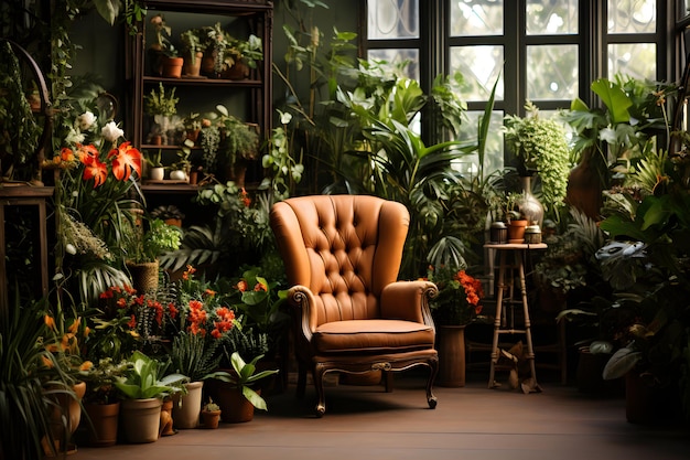 Studio room backdrop template full of plants with a vintage chair