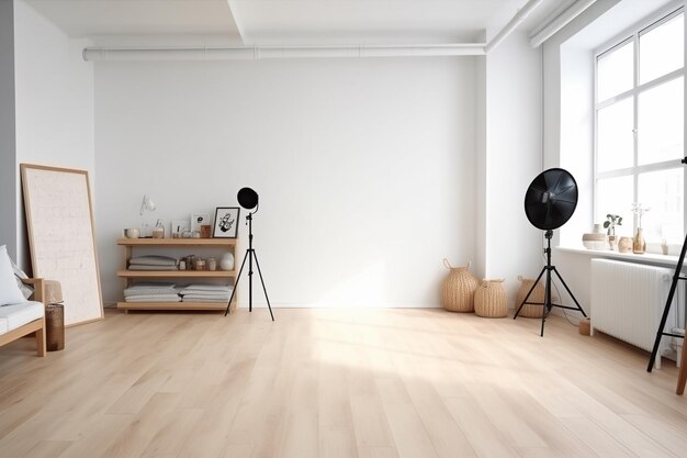 Photo studio room in scandinavian minimalism style white wall bright home