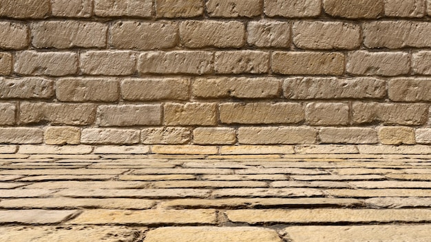 studio scene of white or yellow sandstone brick wall background, pattern of sandstone bricks texture