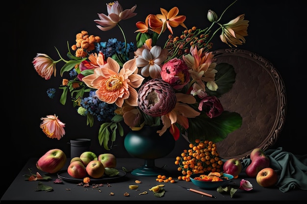 Studio setup with colorful flowers on a black backdrop