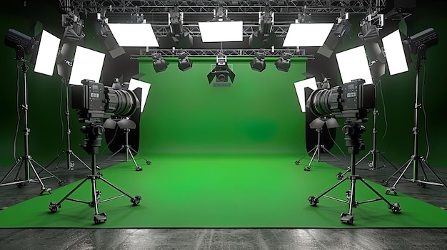 Studio setup with professional lighting and furniture against a green screen backdrop ready for c