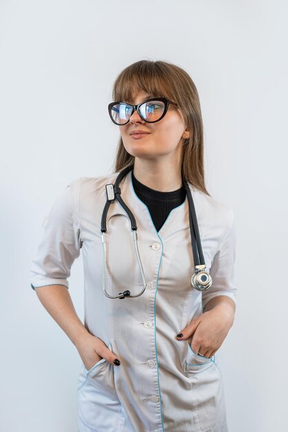 Studio shoot female doctor wearing medical coat and stethoscope isolated on white grey background