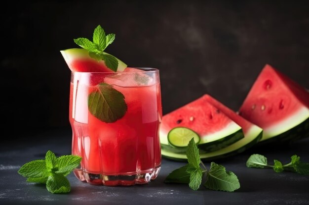 Foto studio sparare limonata fresca fresca estate bevanda in vetro con anguria menta lime e ghiaccio sul nero