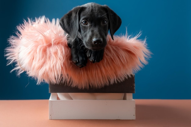 Studio shot of an adorable labrador puppy in a wooden box with a fluffy pink pillow