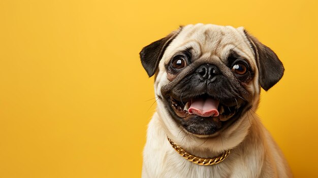 A studio shot of an adorable pug with a gold necklace against a yellow background