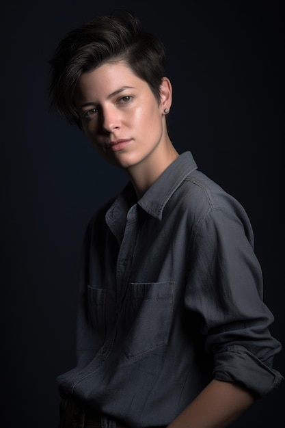 Studio shot of an androgynous model posing against a gray background