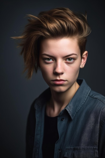 Studio shot of an androgynous young woman posing against a gray background