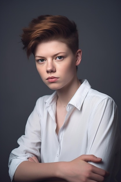 Photo studio shot of an androgynous young woman posing against a gray background