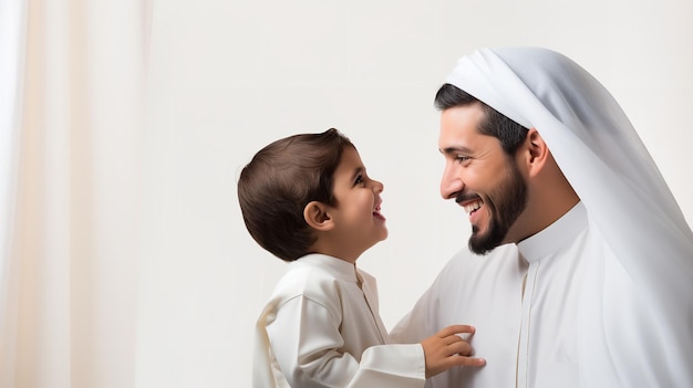 Photo studio shot of a arabian father with his children with copy space generative ai