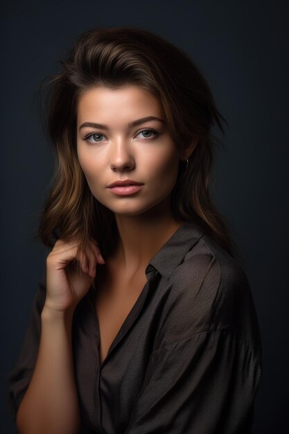 Studio shot of an attractive young woman posing against a grey background