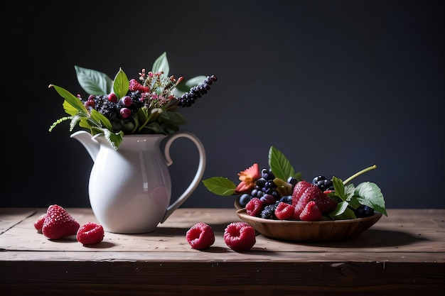 Studio Shot of the basket with berries and fruits on the table