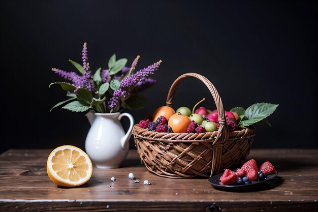 Photo studio shot of the basket with berries and fruits on the table