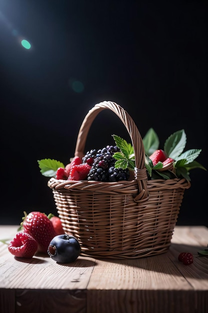 Photo studio shot of the basket with berries and fruits on the table