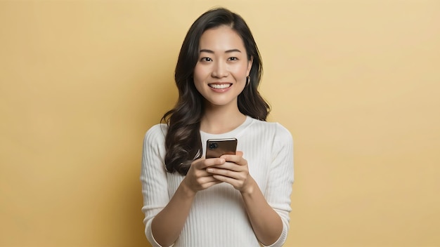 Studio shot of beautiful asian woman holding smartphone and smiling on light yellow background