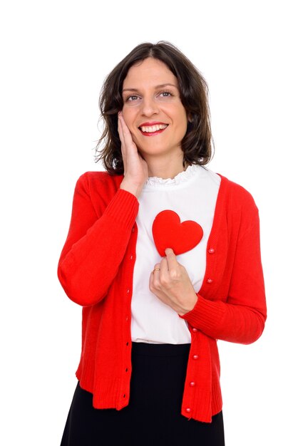 Studio shot of beautiful woman with short hair isolated against white background