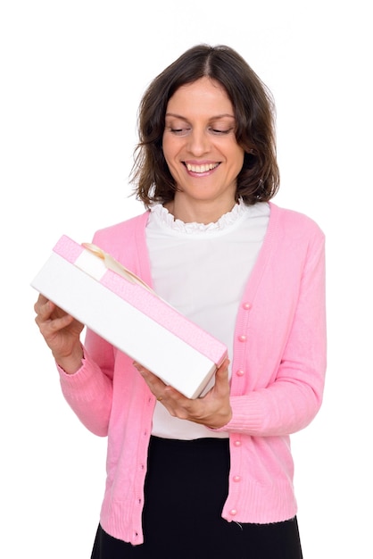 Photo studio shot of beautiful woman with short hair isolated against white background