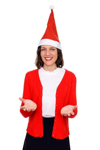 Studio shot of beautiful woman with short hair ready for Christmas isolated against white background