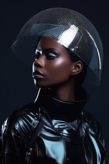 Photo studio shot of a beautiful young woman wearing futuristic clothing created with generative ai