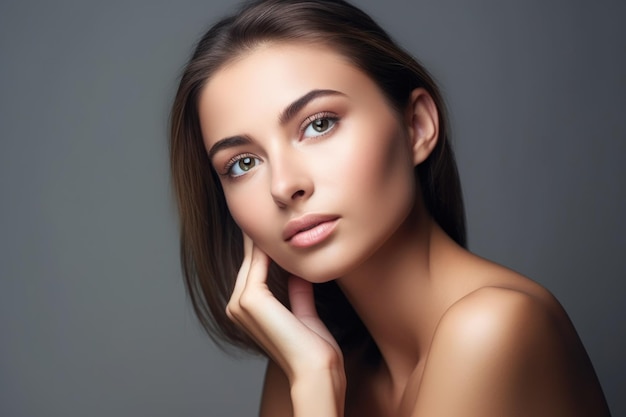 Studio shot of a beautiful young woman with perfect skin looking thoughtfully at you