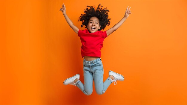 Photo studio shot of black girl jumping with happy face expression on bright orange background