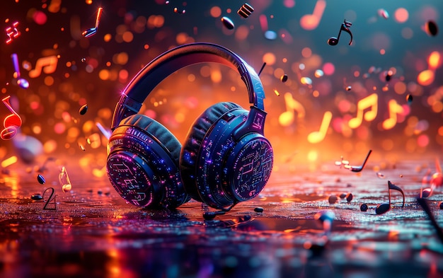 Studio shot of black headphones over music note explosion background with empty space for text