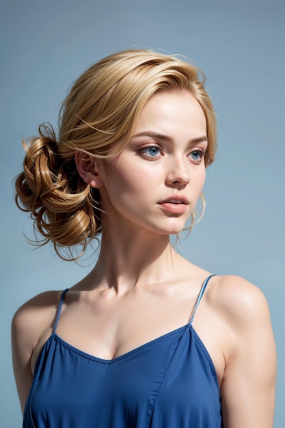 Studio shot of a blonde woman in a blue top on a gray blue background